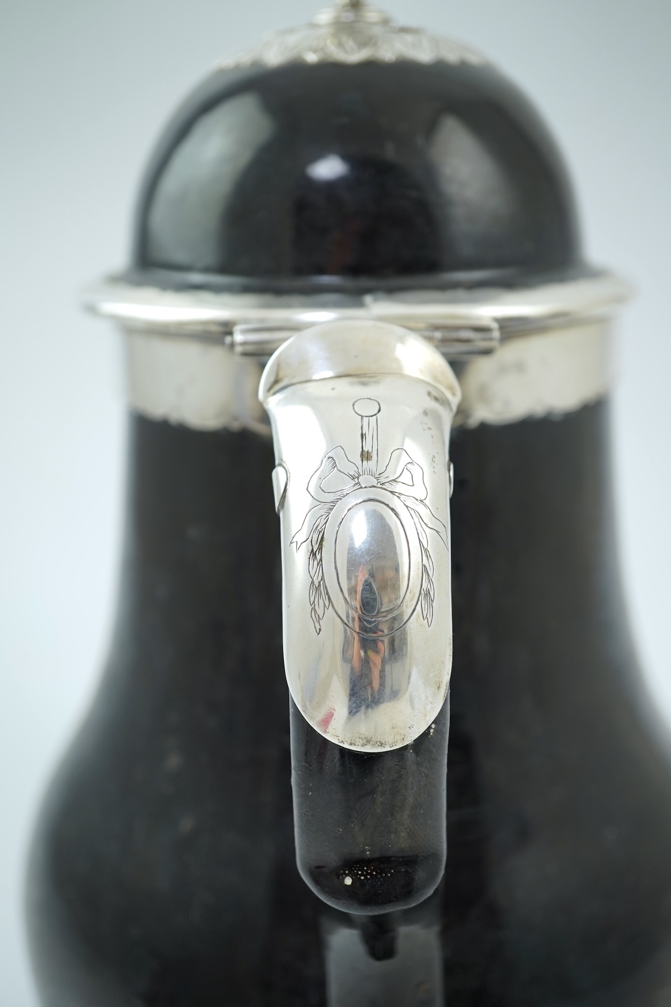 A Belgian silver mounted terre noire de Namur coffee pot, 18th century